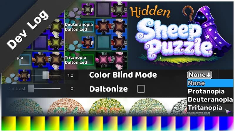 Hidden Sheep Puzzle dev-log cover showing color-blind modes, daltonized previews, and the game logo